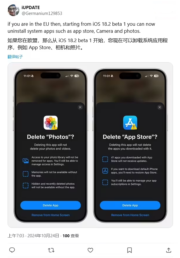 定边苹果手机维修分享iOS 18.2 支持删除 App Store 应用商店 