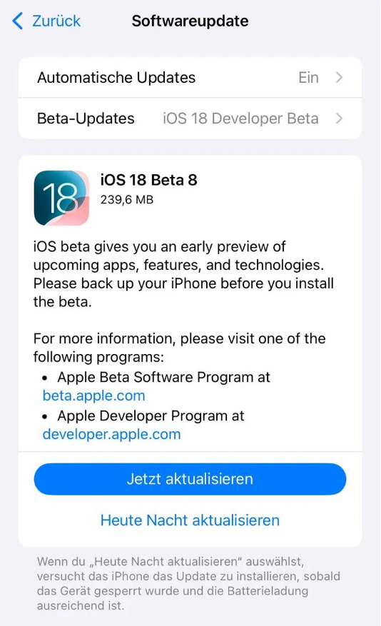 定边苹果手机维修分享苹果 iOS / iPadOS 18 开发者预览版 Beta 8 发布 